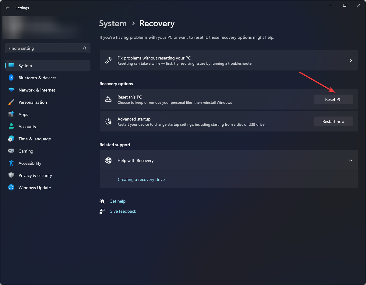 Кнопка сброса Windows