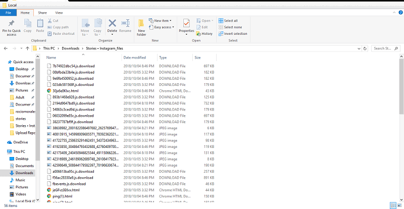Проводник Windows с папкой ресурсов веб-страницы Instagram