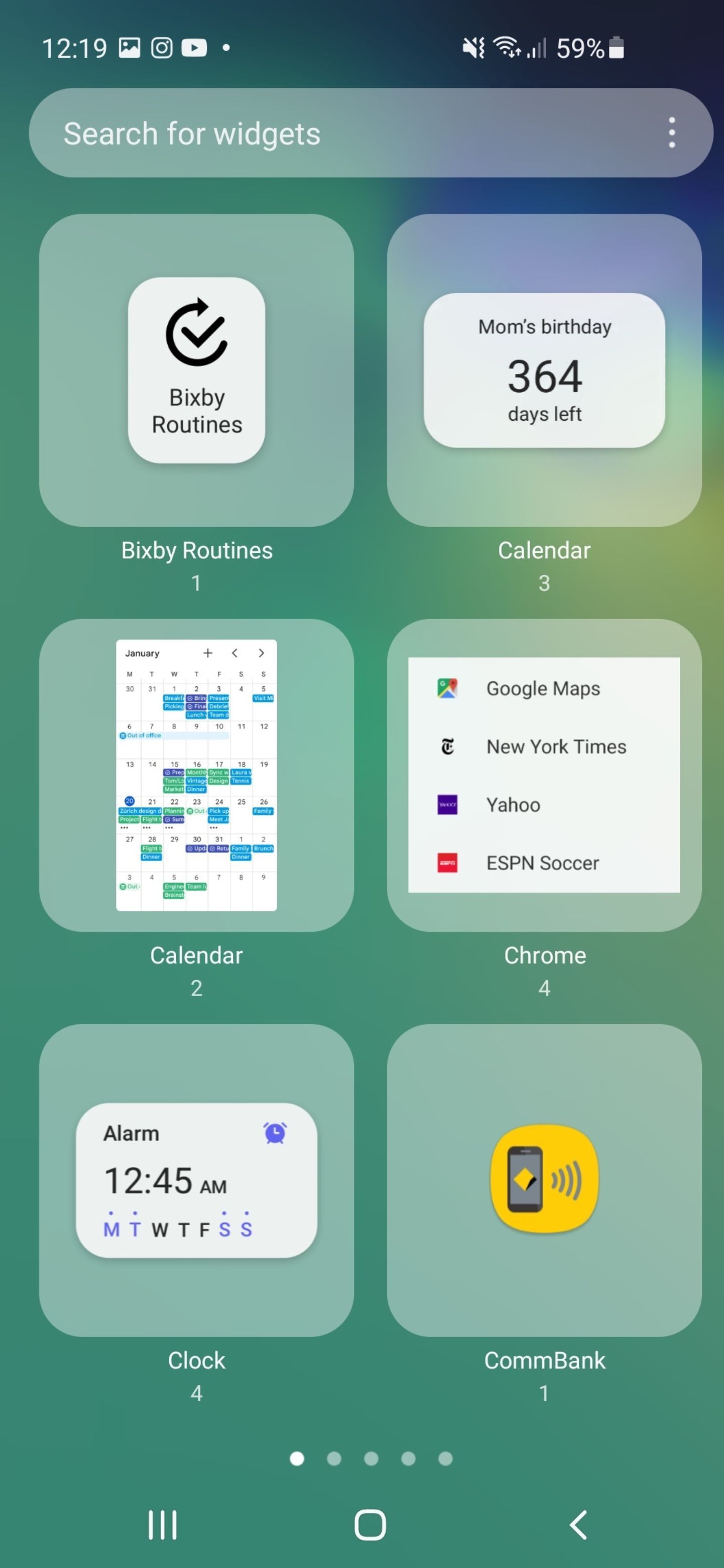 Список категорий виджетов на Android