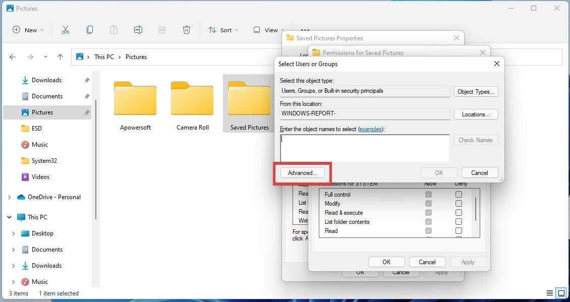 Кнопка Advanced для расширенного поиска пользователей и групп