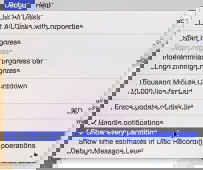 Debug -> Show every partition を選択しているDisk Utilityの画面
