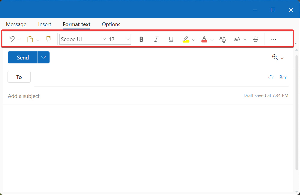Панель форматирования в Outlook активна