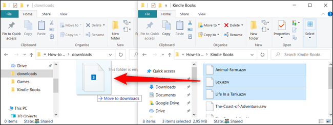 Перетащите файлы во второе окно для перемещения на том же диске.