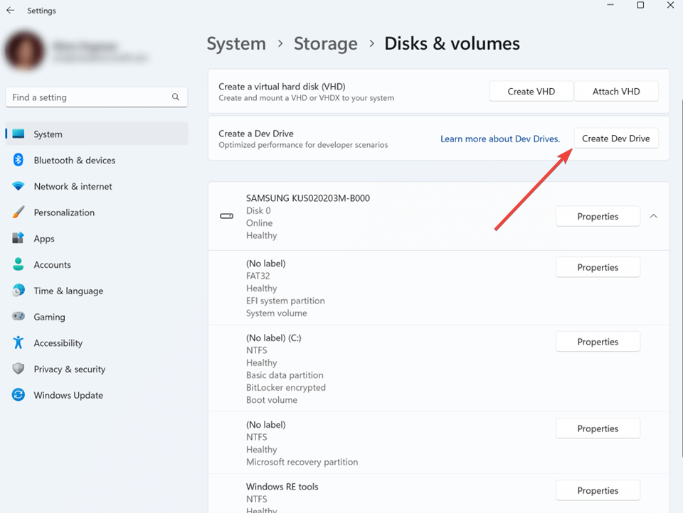 Создание Dev Drive: выбор параметров и размера тома