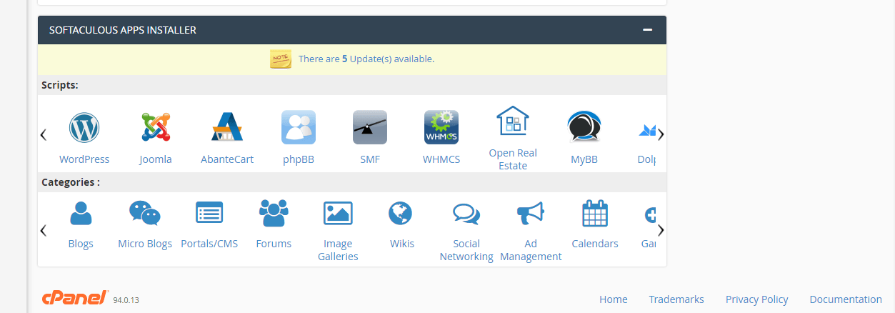 Скриншот установщика Softaculous в cPanel
