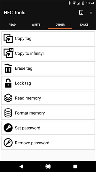 NFC Tools: вкладка Другие с опцией Стереть метку