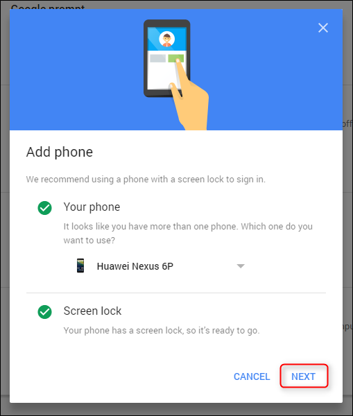 Выбор телефона для Google Prompt — требуется блокировка экрана
