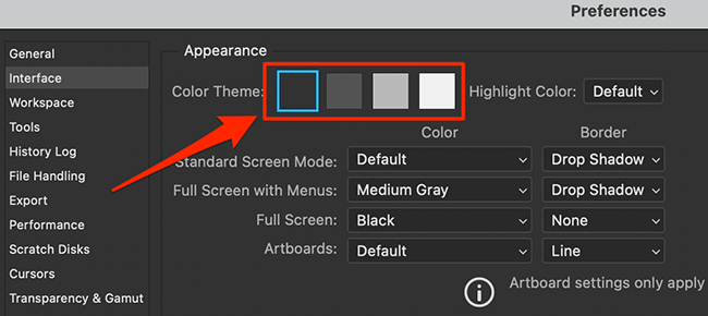 Выбор темы в окне настроек Photoshop — четыре варианта яркости