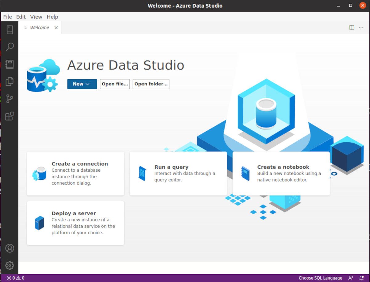 страница запуска Azure Data Studio с приветствием и быстрыми ссылками