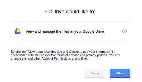 Страница авторизации Google для Gdrive