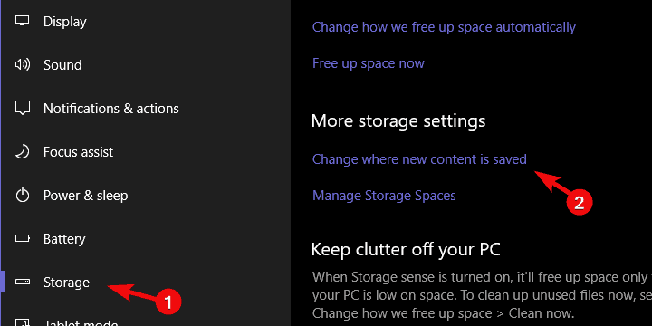 Параметры хранения — изменить место для нового контента