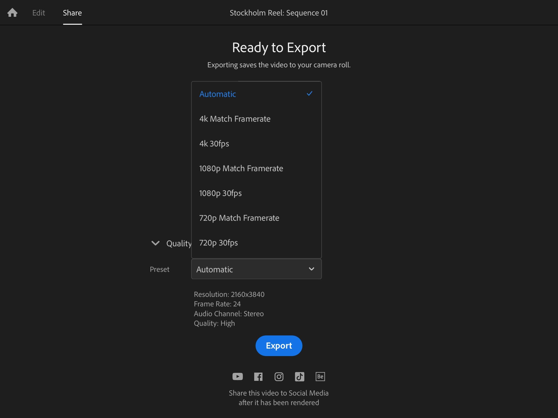 Пресеты экспорта в Premiere Rush