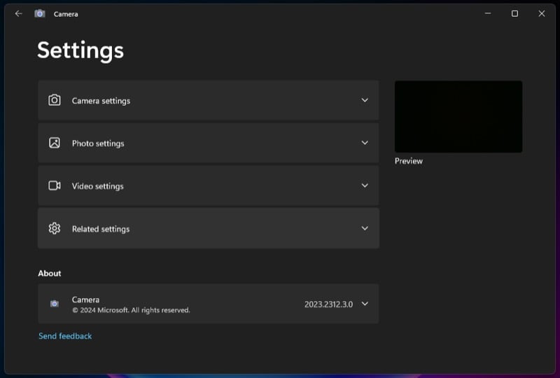 Настройки приложения Камера Windows