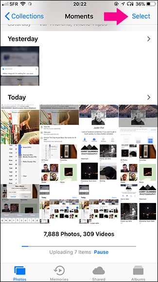 Кнопка «Выбрать» в правом верхнем углу Camera Roll