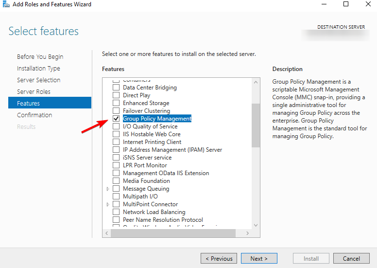 Установка Group Policy Management в Server Manager