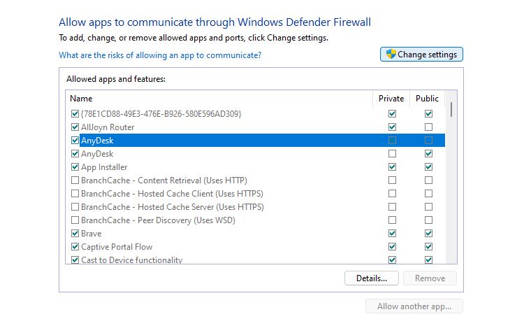 Окно разрешённых приложений в брандмауэре
