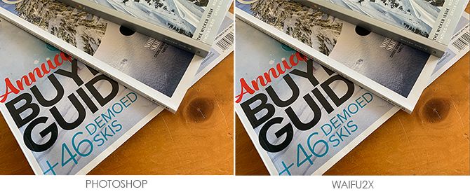Сравнение результата Photoshop и нейросетевого апскейла Waifu на примере фото