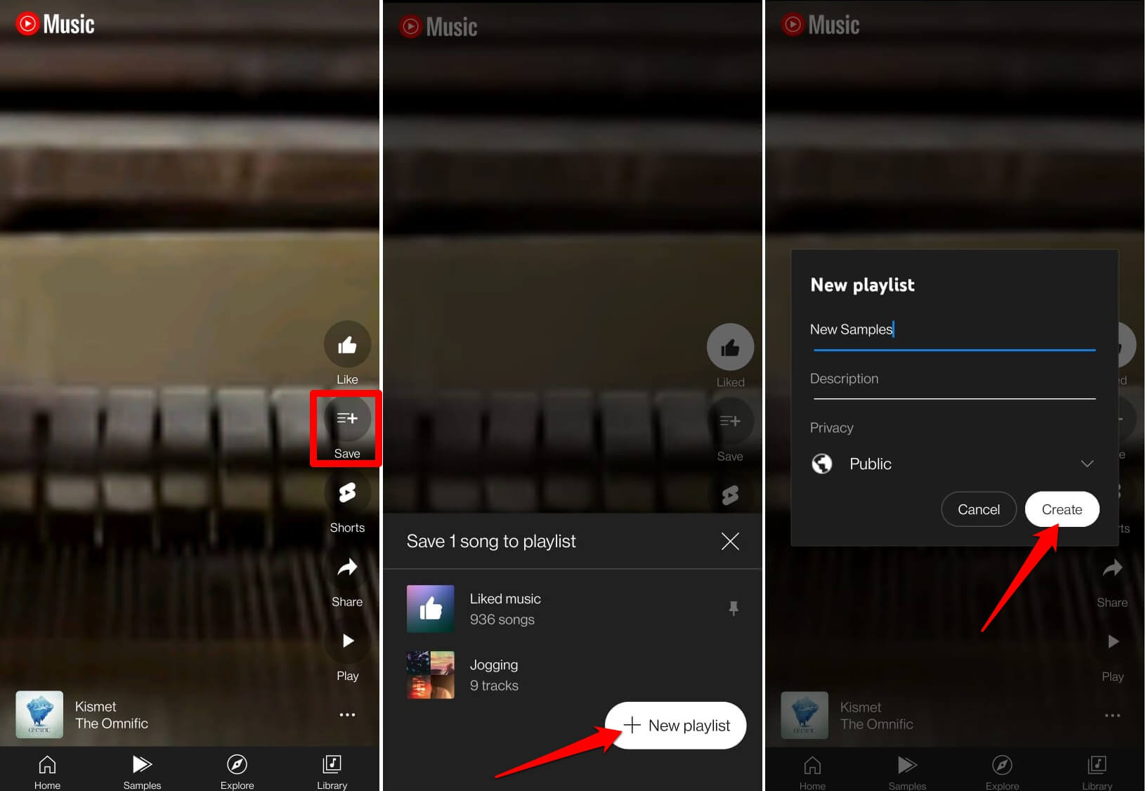 Создание нового плейлиста для сохранения Sample в YouTube Music