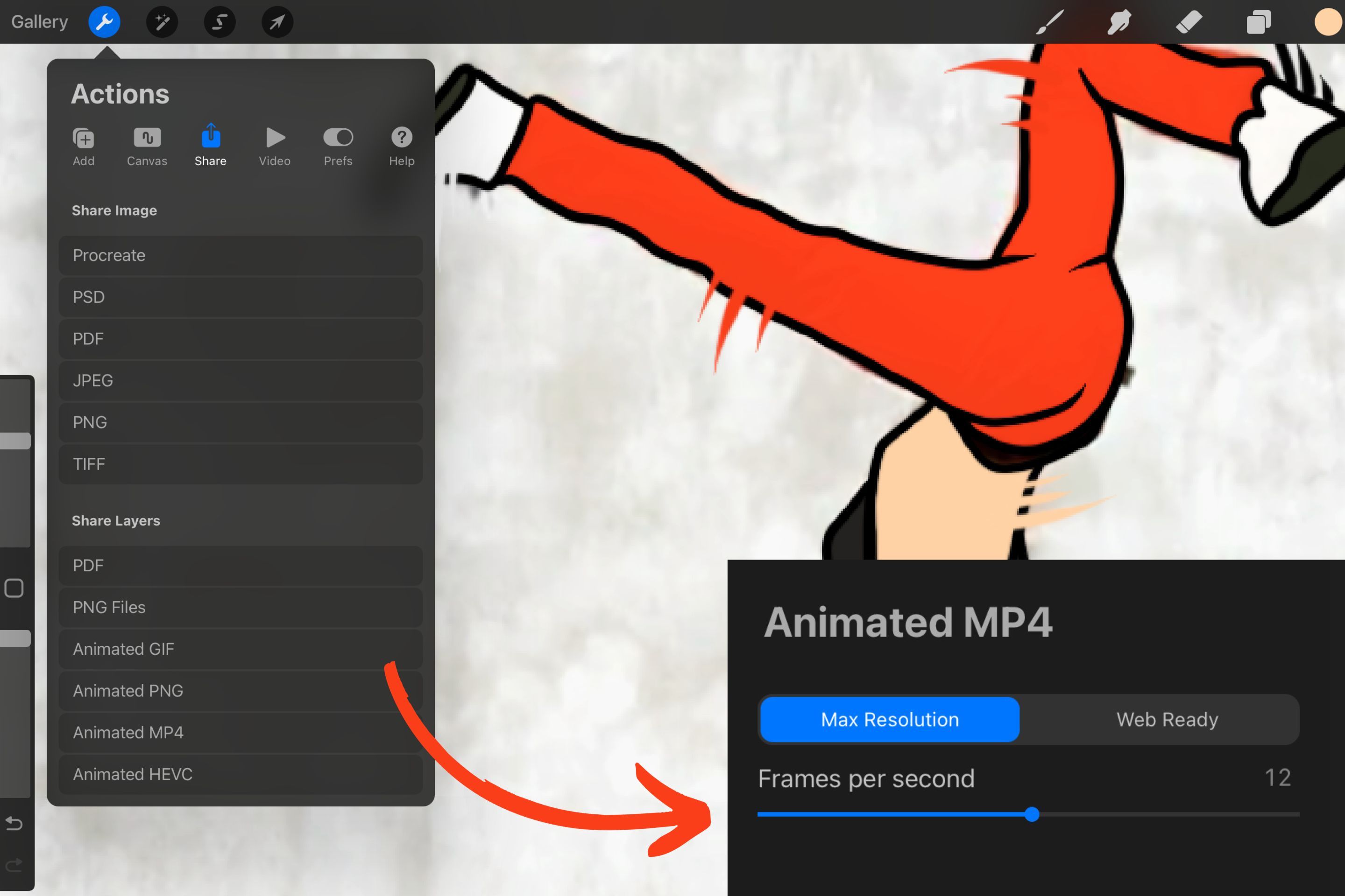 A screenshot in Procreate showing the exporting menu for animations.