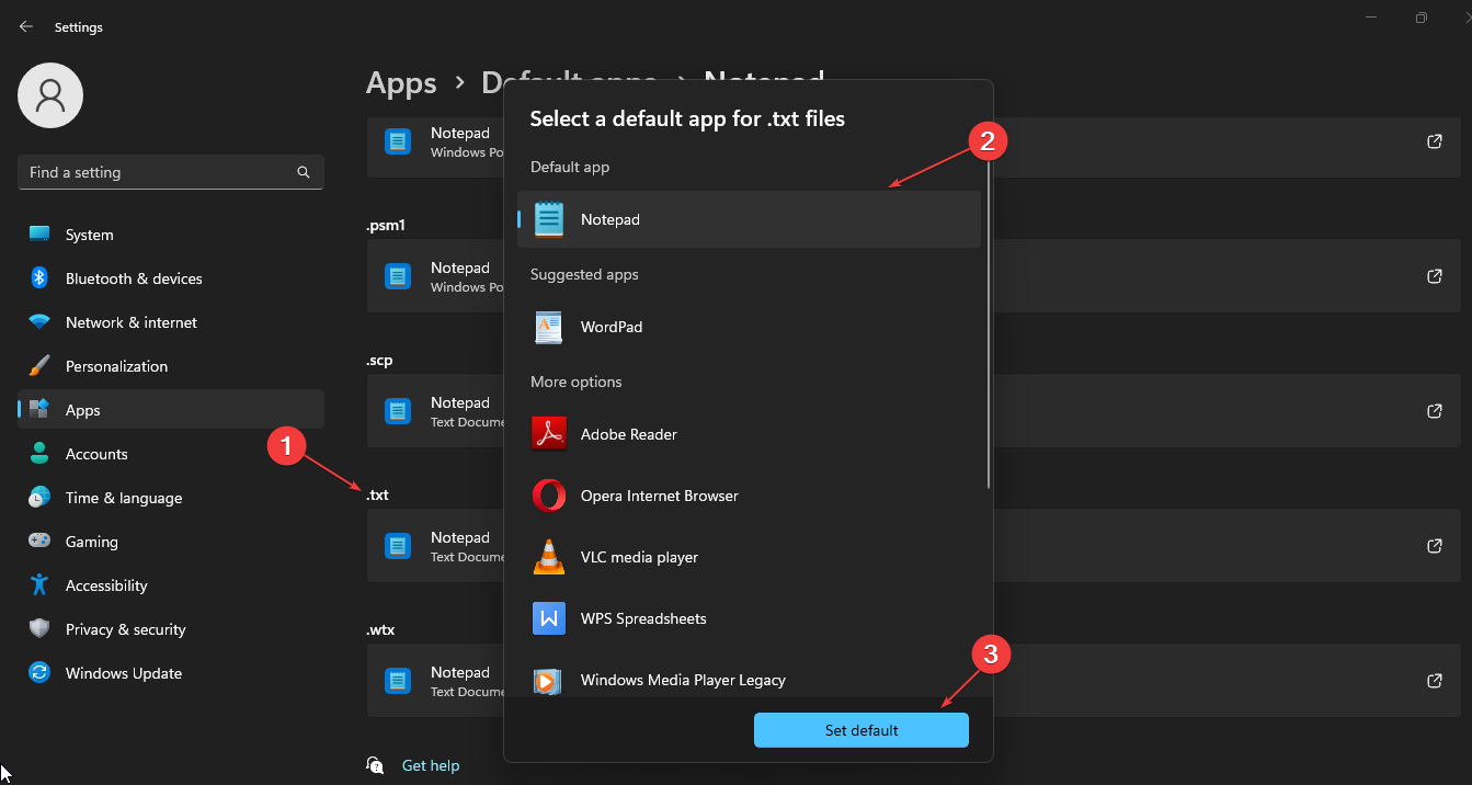 Выбор Notepad как приложения по умолчанию