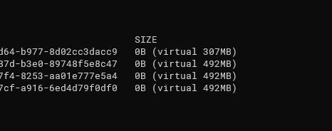 Пример вывода docker ps --size с нулевыми размерами для контейнеров, использующих bind mounts