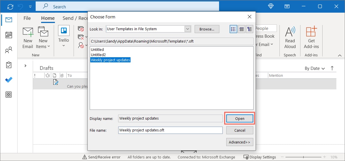 Шаблон выбран и кнопка Открыть в Windows