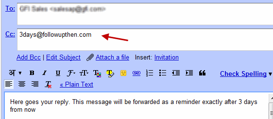 Использование поля CC с адресом 3days@followupthen.com для напоминания клиенту
