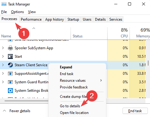 Перейти к деталям процесса Steam