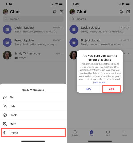 Удалите чат и подтвердите действие