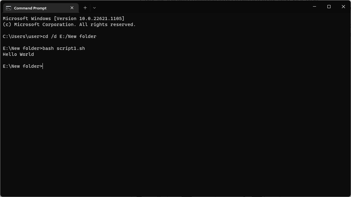 Bash output cmd -Hello world output -Enter -shell script for windows