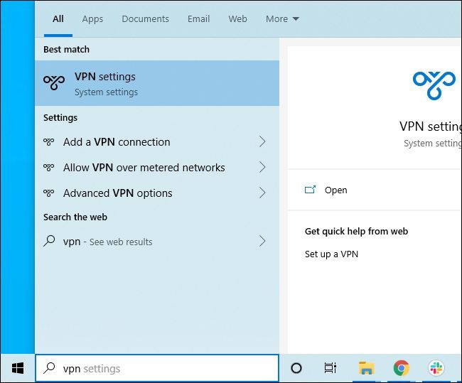 Поиск параметра VPN в меню Пуск Windows 10