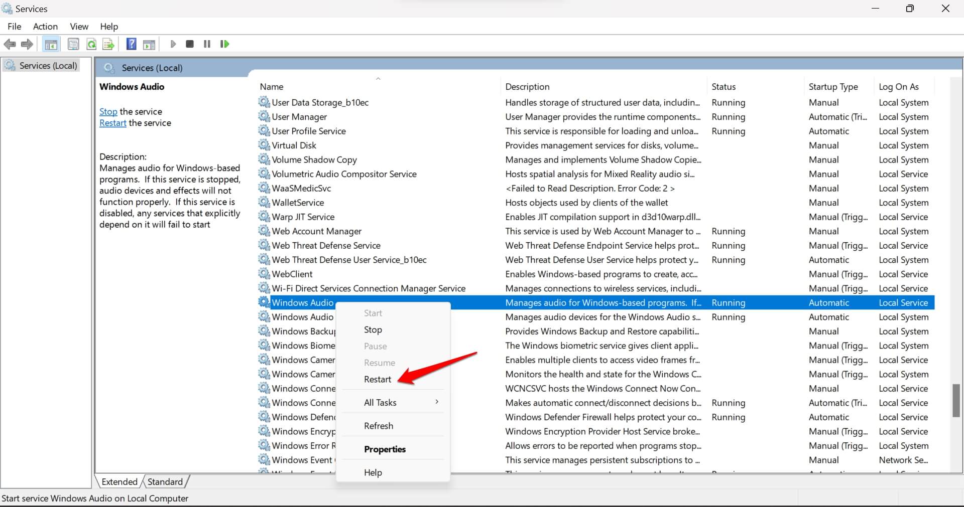 Перезапуск службы Windows Audio