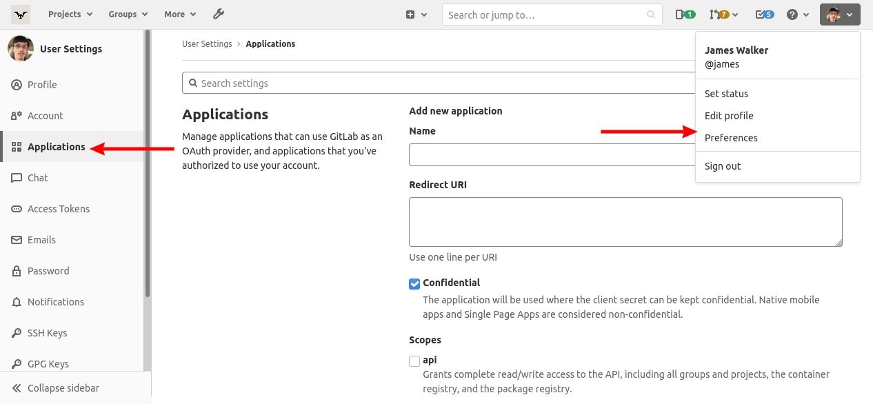 Скриншот создания нового приложения интеграции в GitLab