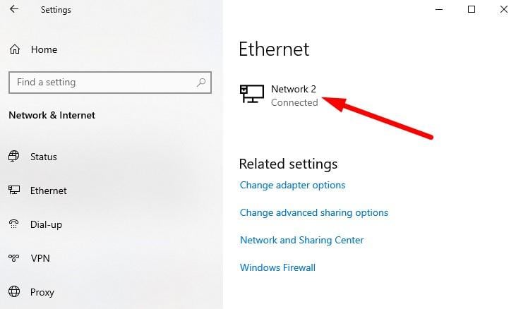 Список Ethernet‑подключений с именами сетей