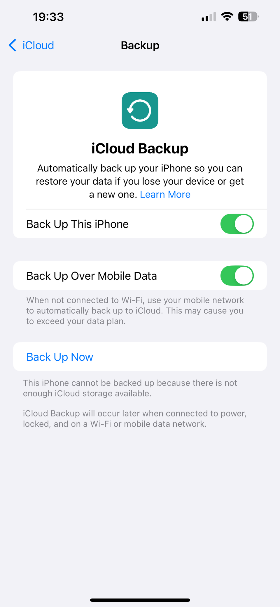 Резервная копия iCloud в настройках iPhone