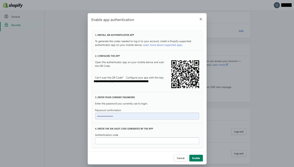 Shopify 2SA scan QR code