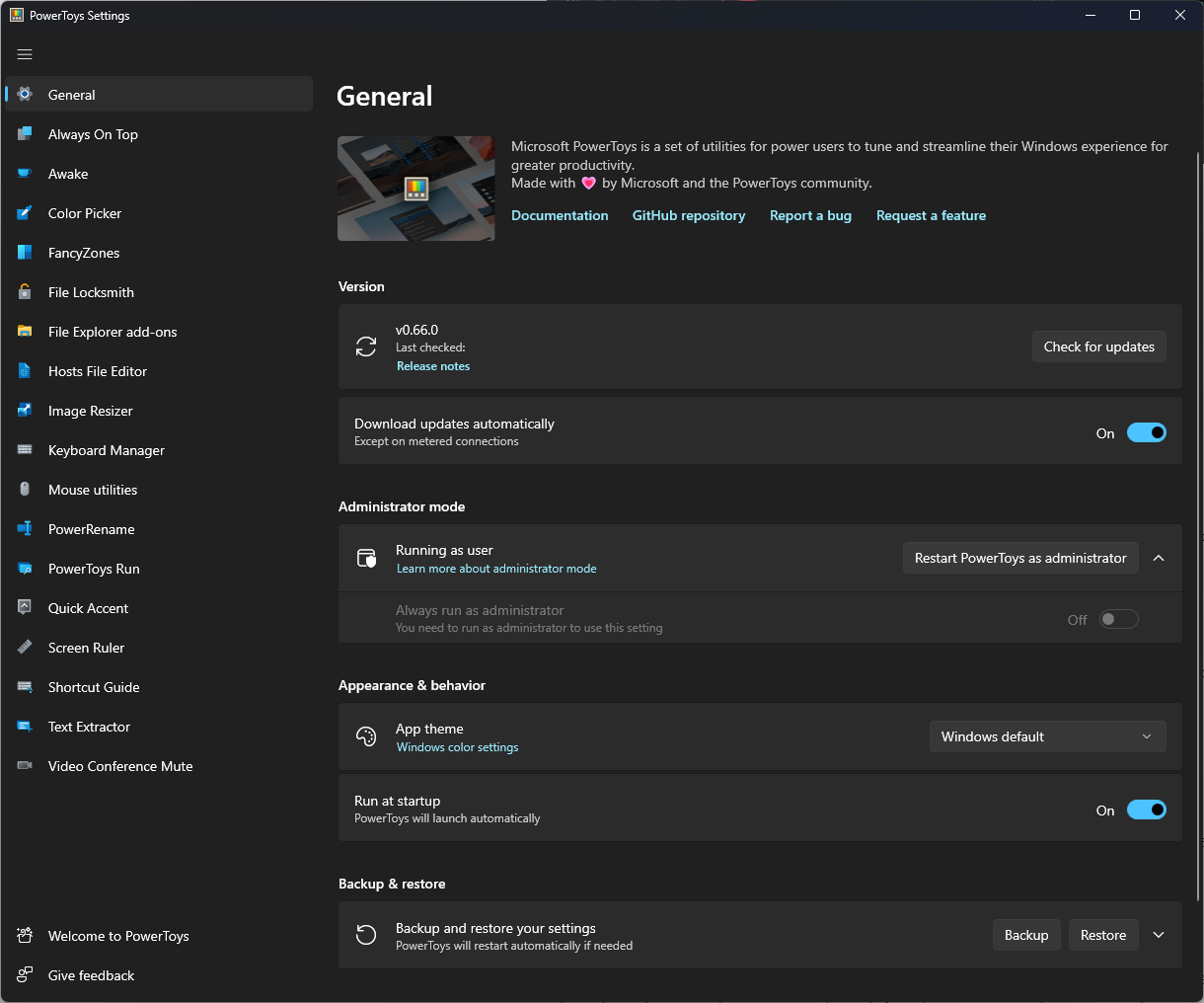 Общие настройки PowerToys