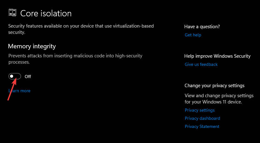 Опция «Целостность памяти»