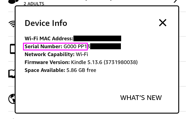 Пример серийного номера Kindle
