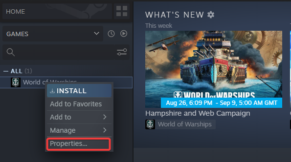 Свойства игры в Steam