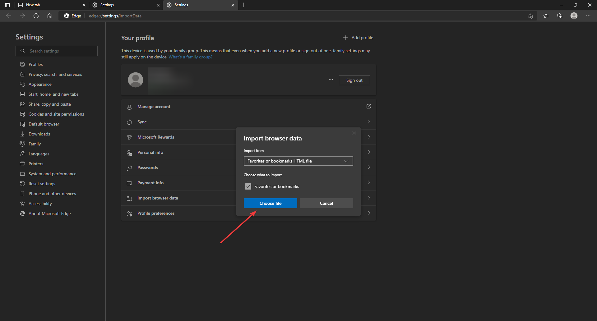 Окно подтверждения импорта закладок в браузере