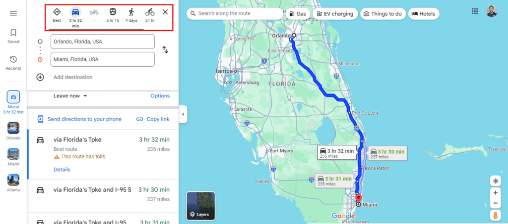 Выбор режима передвижения: автомобиль, общественный транспорт, пешком