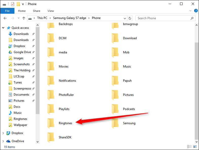 Пример папки Ringtones на устройстве, созданной через Проводник