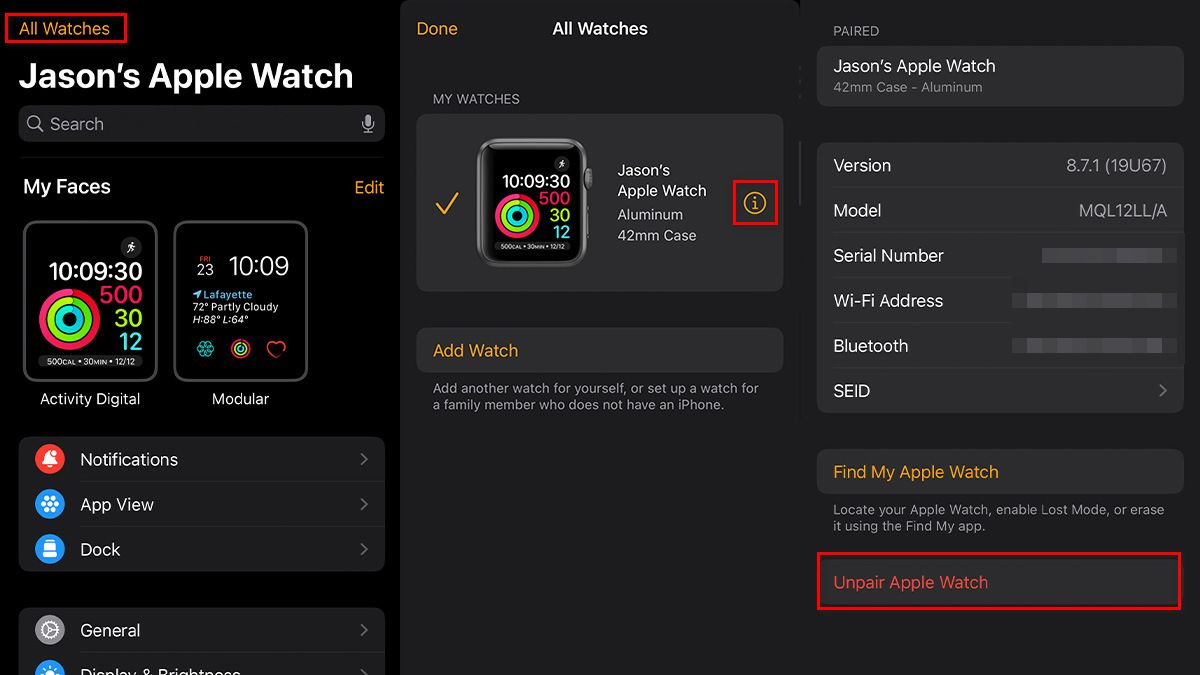 Скриншоты: шаги в приложении Watch на iPhone для отвязки Apple Watch