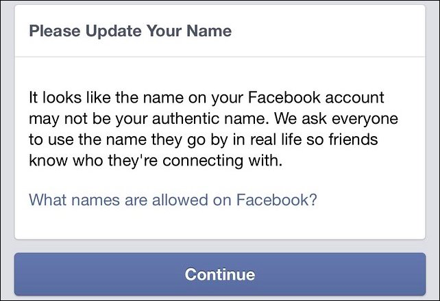 Предупреждение Facebook о требовании реального имени