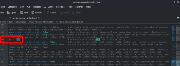 Scroll to line 209 and change the GPU option from any to Vulkan.