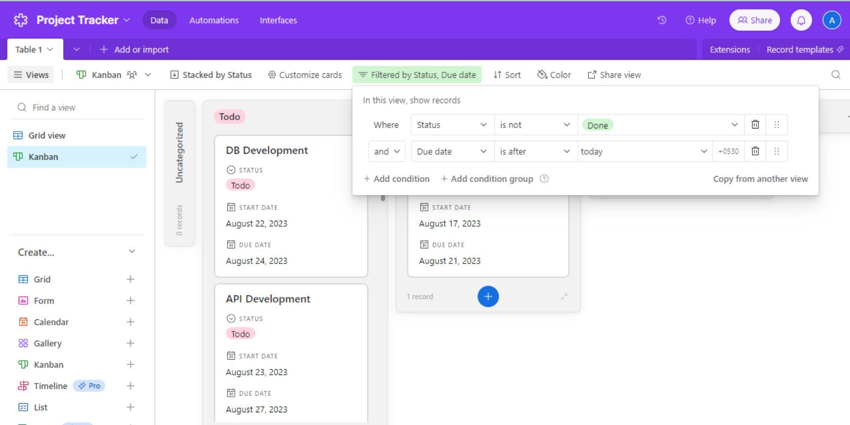 Скриншот Airtable, показывающий как настраивать вид с фильтрами