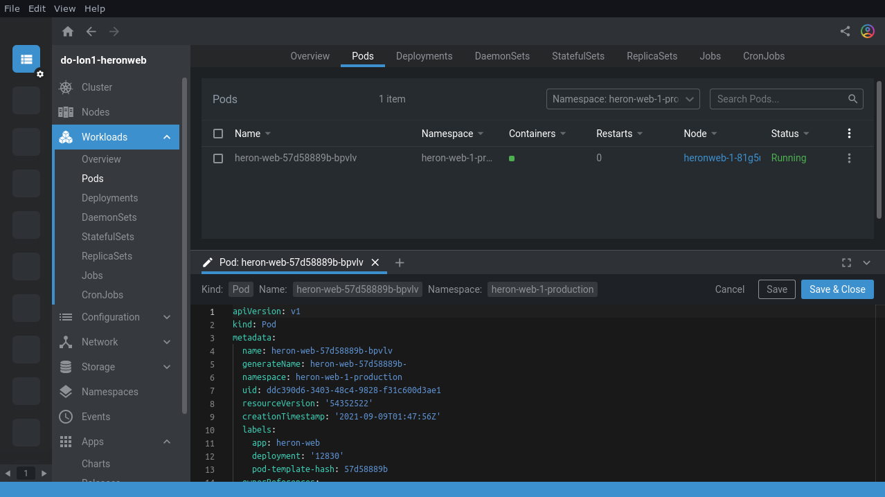 Скриншот редактирования ресурса Kubernetes в Lens
