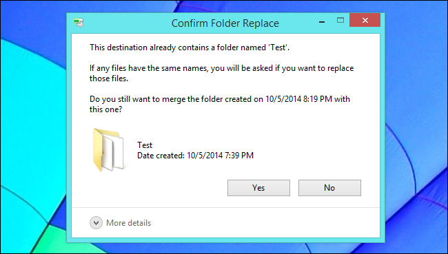Диалог объединения папок в Windows, показывающий варианты при конфликте