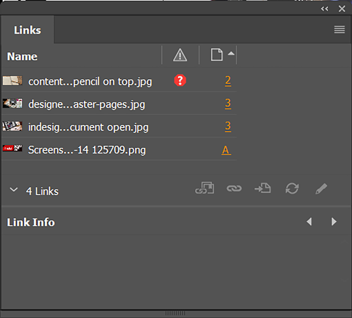 Документ InDesign с отсутствующей связью (missing link) в окне Links